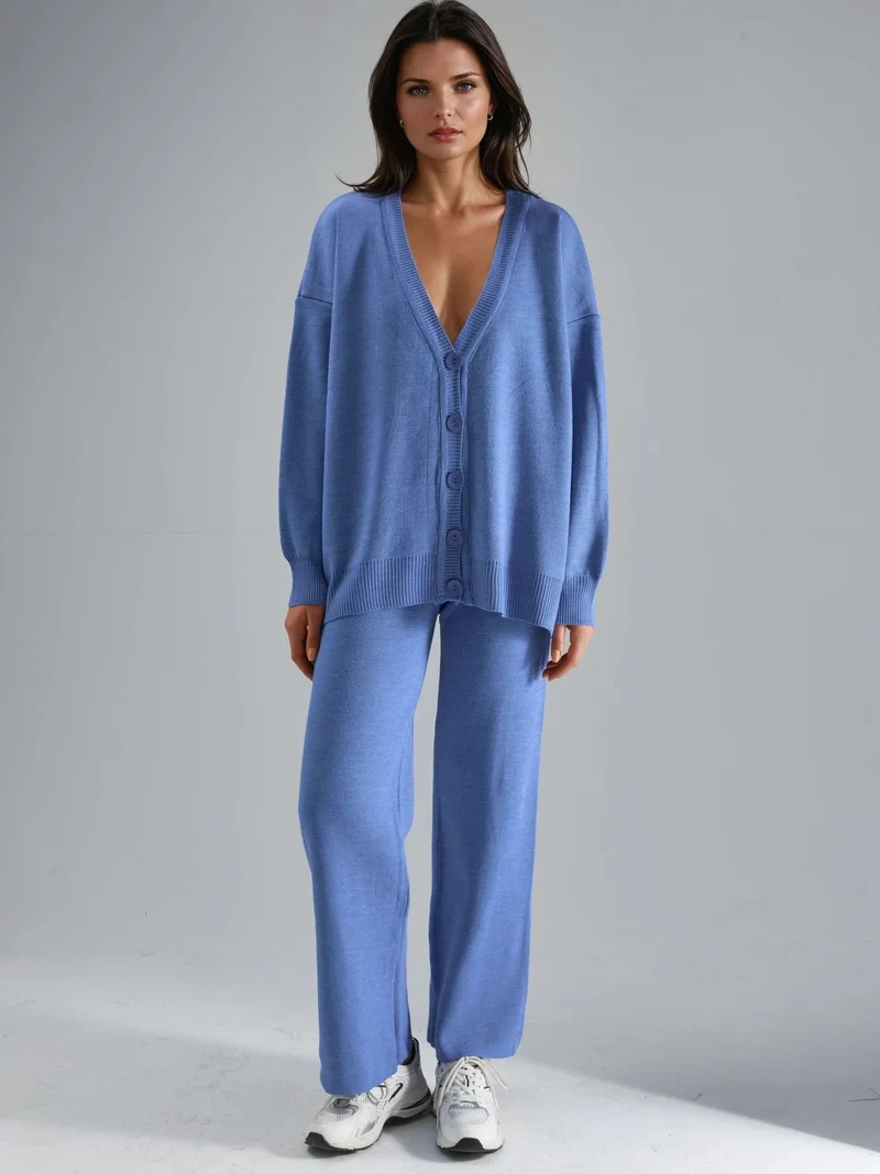 MY FASHION Baby Blue MY FASHION V-Neck Cardigan and Wide Leg Pants Knitwear Set for Women | Best Price UAE